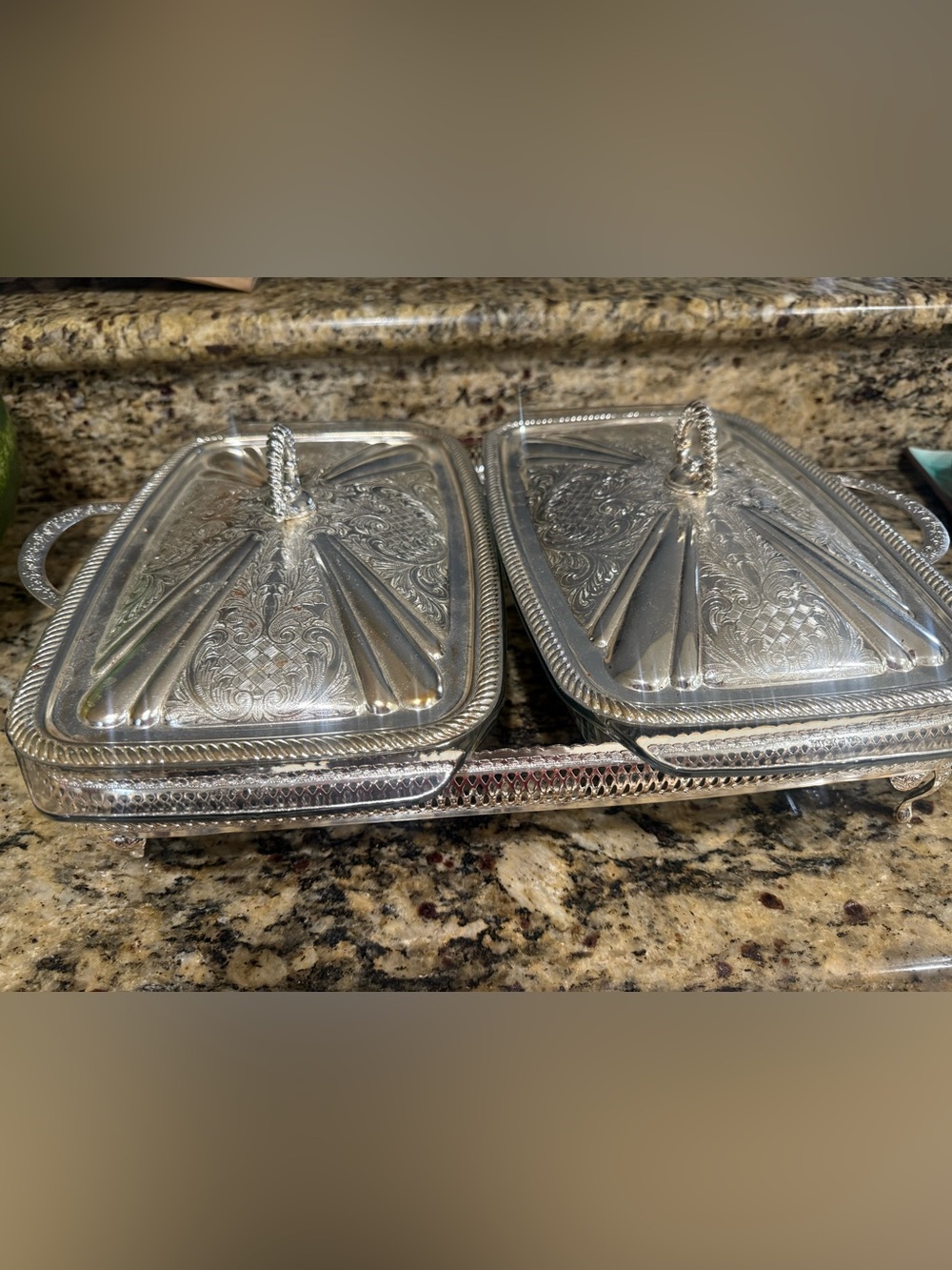 Vintage Silver-Tone Decorative Covered Serving Dish Set Pyrex